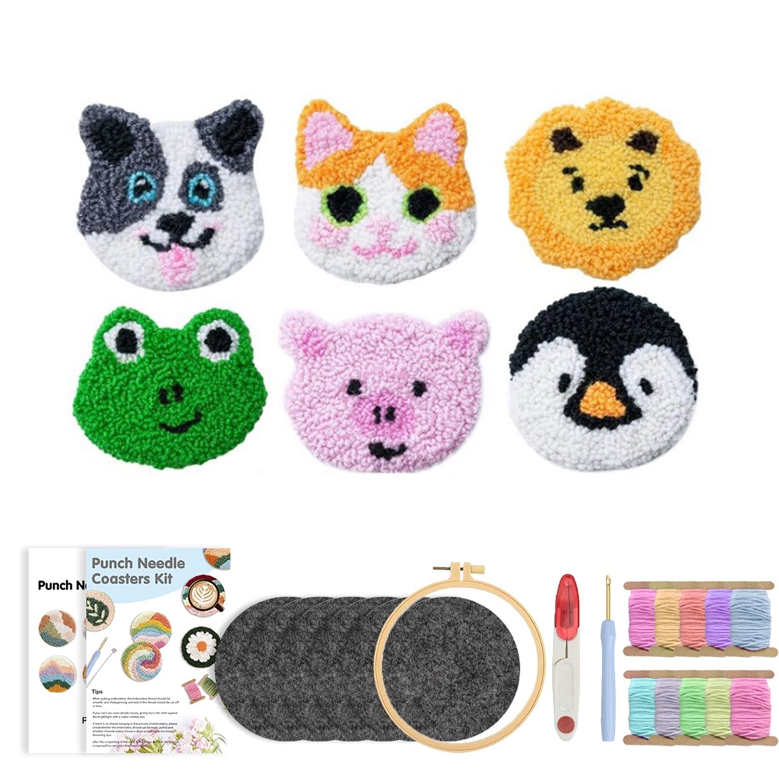 1set Punch Needle Coasters Kit For Beginner Poke Embroidery Set With Tufted Rug Pads Crafts for DIY(Color2)