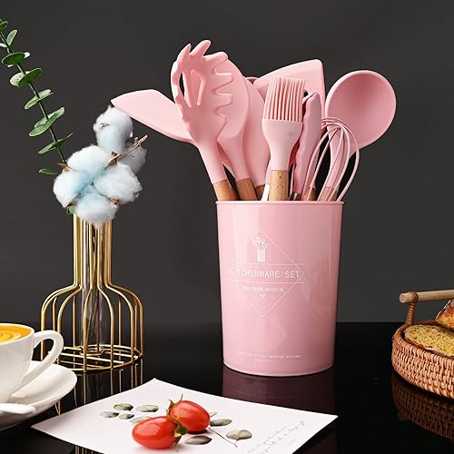 Miniatura 2 de JASHII Juego de utensilios de cocina de silicona rosa, juego de utensilios de cocina de 12 piezas, antiadherentes resistentes al calor con mango de
