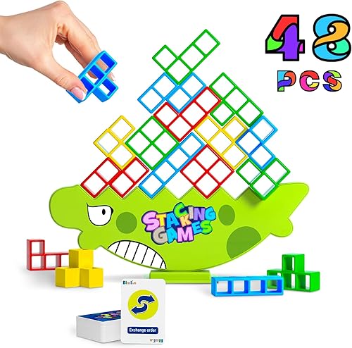 Btolin Juego de 48 bloques de equilibrio de torre Tetra, juego de ataque de pila para 2 jugadores + familia, juegos de mesa para niños y adultos,