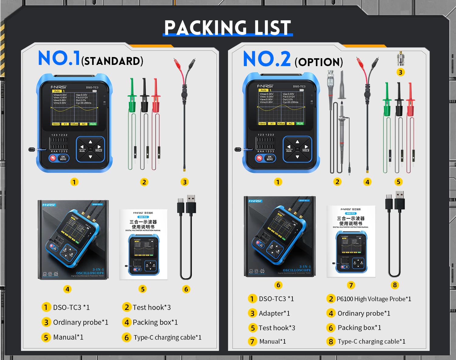 Mini oscilloscopio Fnirsi Fnirsi DSO-TC3 Oscilloscopio digitale Tester per transistor Funzione Generatore di segnali Tester per componenti elettronici multifunzione 3 in 1