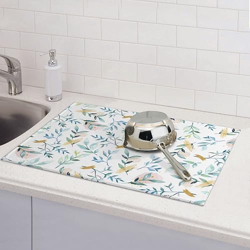 Miniatura 6 de Tapete de secado de platos de hojas verdes azules para encimera de cocina, XL, 18 x 24 pulgadas, almohadilla absorbente de microfibra blanca para