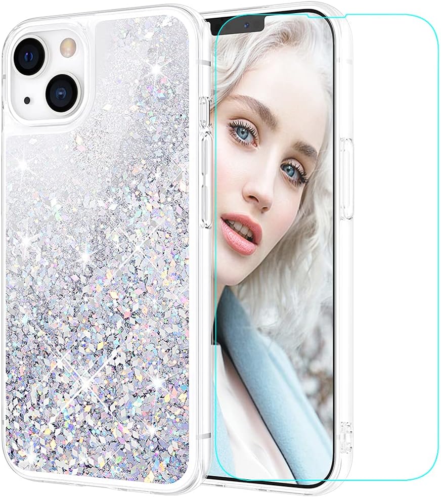 Maxdara Glitter Case for iPhone 13 Case with Screen Protector Girls Women Bling Quicksand Soft TPU Shiny Sparkle Luxury Floating Pretty Glitter Case for iPhone 13 6.1 inches (Silver)
