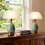 Lampe de table en céramique 2, Lampes de chevet modernes Green Mid Century Vintage lampe de bureau rétro en verre Champignon Lampe traditionnelle pour table de nuit Salon Chambre à coucher Maison Décor (S03GN-2PACK)