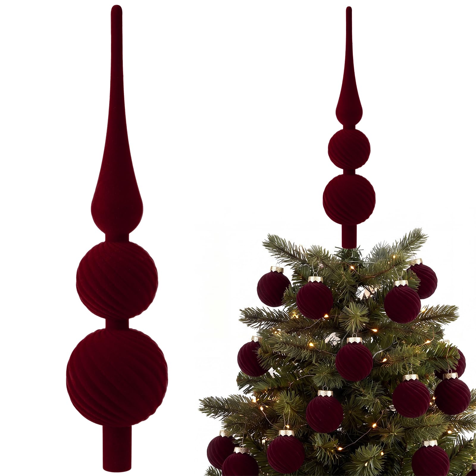Thenshop 12'' Burgundy Velvet Finial Christmas Tree Topper Vintage Decor