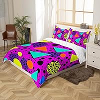 Vista 2 de Memphis - Juego de funda de edredón – Ropa de cama vintage amarillo púrpura con patrón de estilo retro, formas geométricas, ilustraciones