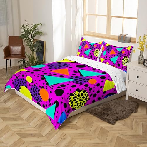 Miniatura 2 de Memphis - Juego de funda de edredón – Ropa de cama vintage amarillo púrpura con patrón de estilo retro, formas geométricas, ilustraciones