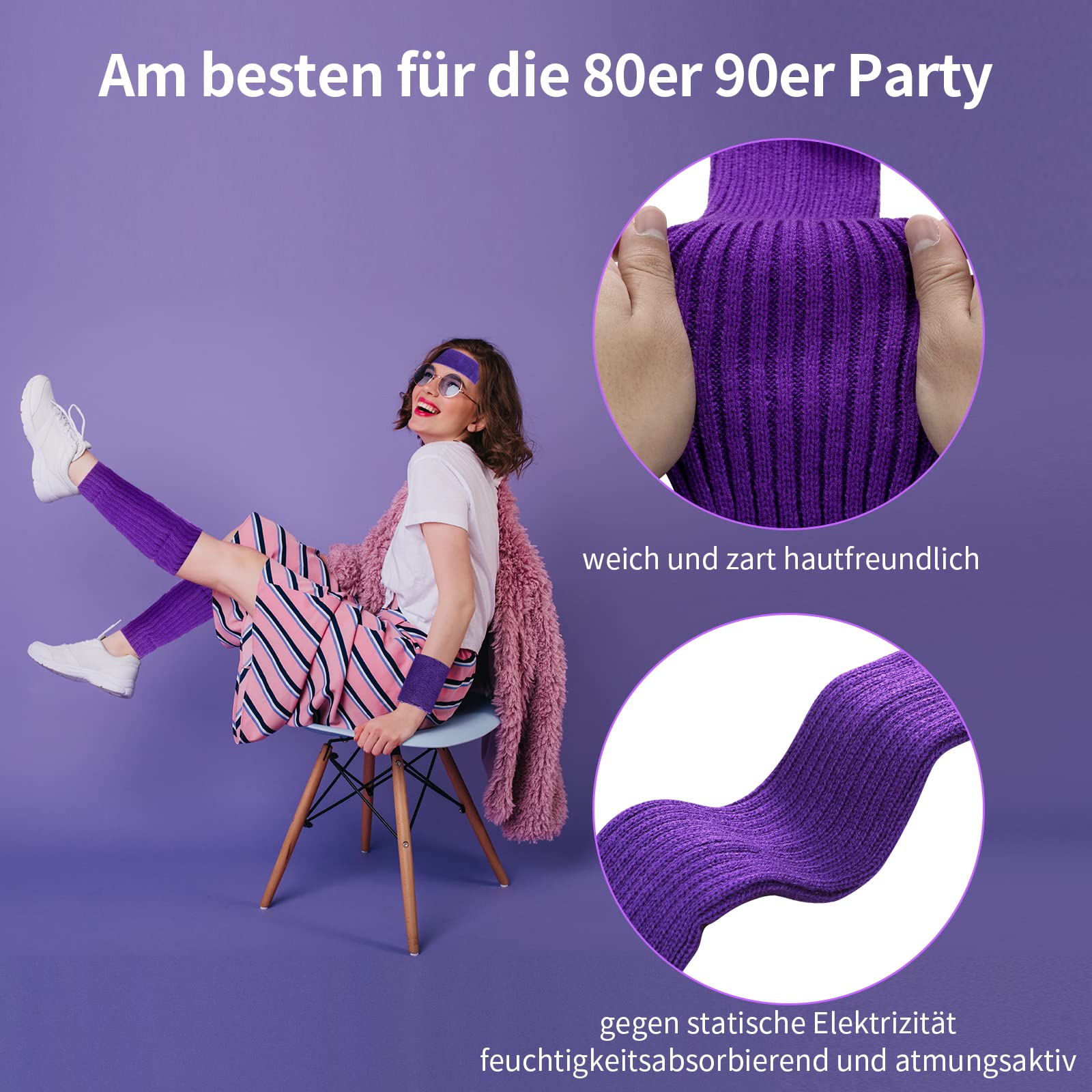 WDFCN 80s 90s Purple Leg Warmers Sweatband Set Purple Stockings Knitted Leg Warmers Running Headband Bracelets for Carnival Dance Aerobics Costume Accessories - Image 4