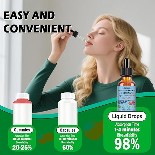 Vista 6 de Glicinato de magnesio puro de 400 mg gotas líquidas, magnesio quelado de alta absorción con zinc para la relajación del sueño, nervios óseos