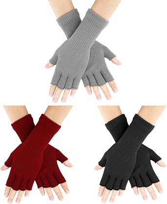 AURUZA 3 Pair Fingerless Gloves for Women Half Finger Gloves Winter Stretchy Knit Fingerless Mittens Unisex