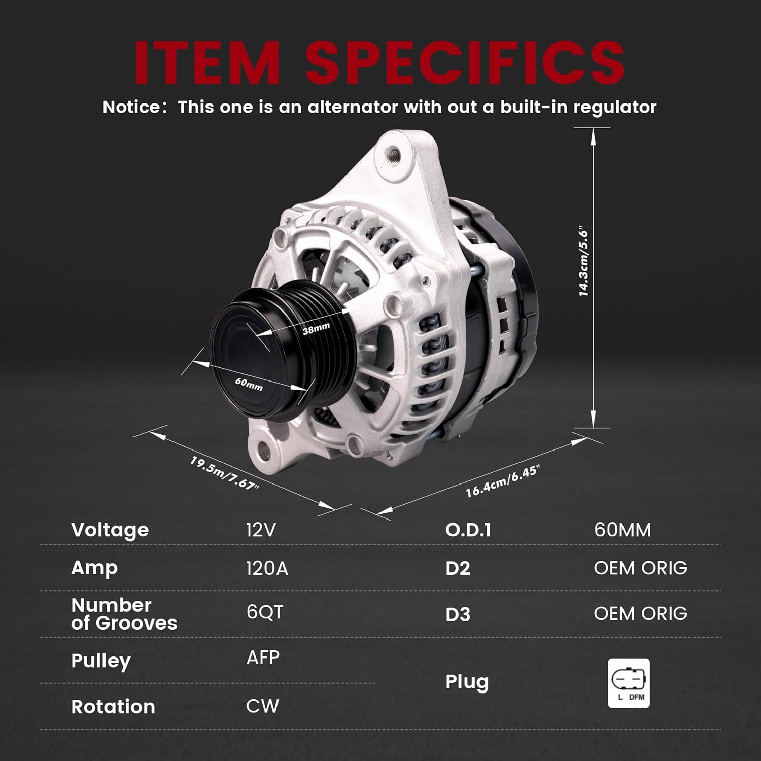 Alternator Fits for/Toyota Corolla2014-2019 L4 1.8L,125Amp 12V CW 6-Groove Clutch Pulley,OE# 104211-3300,104211-3303,11776,27060-0T240,270600T240