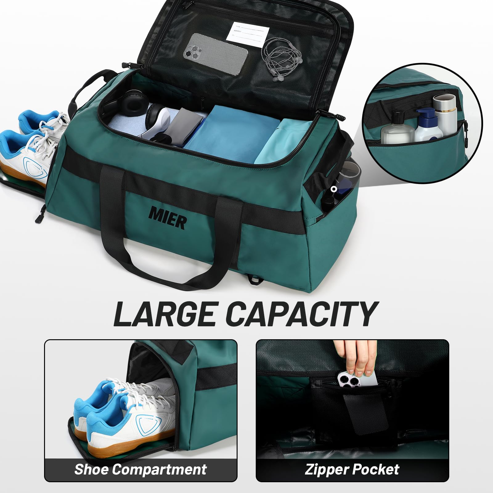 MIER Sporttasche für Herren, großer Seesack mit Schuhfach, 60 l, wandelbare Reisetasche, Wochenendtasche, Übernachtungstasche, für Fitnessstudio, Sport, Reisen, Dunkles Türkis, Casual