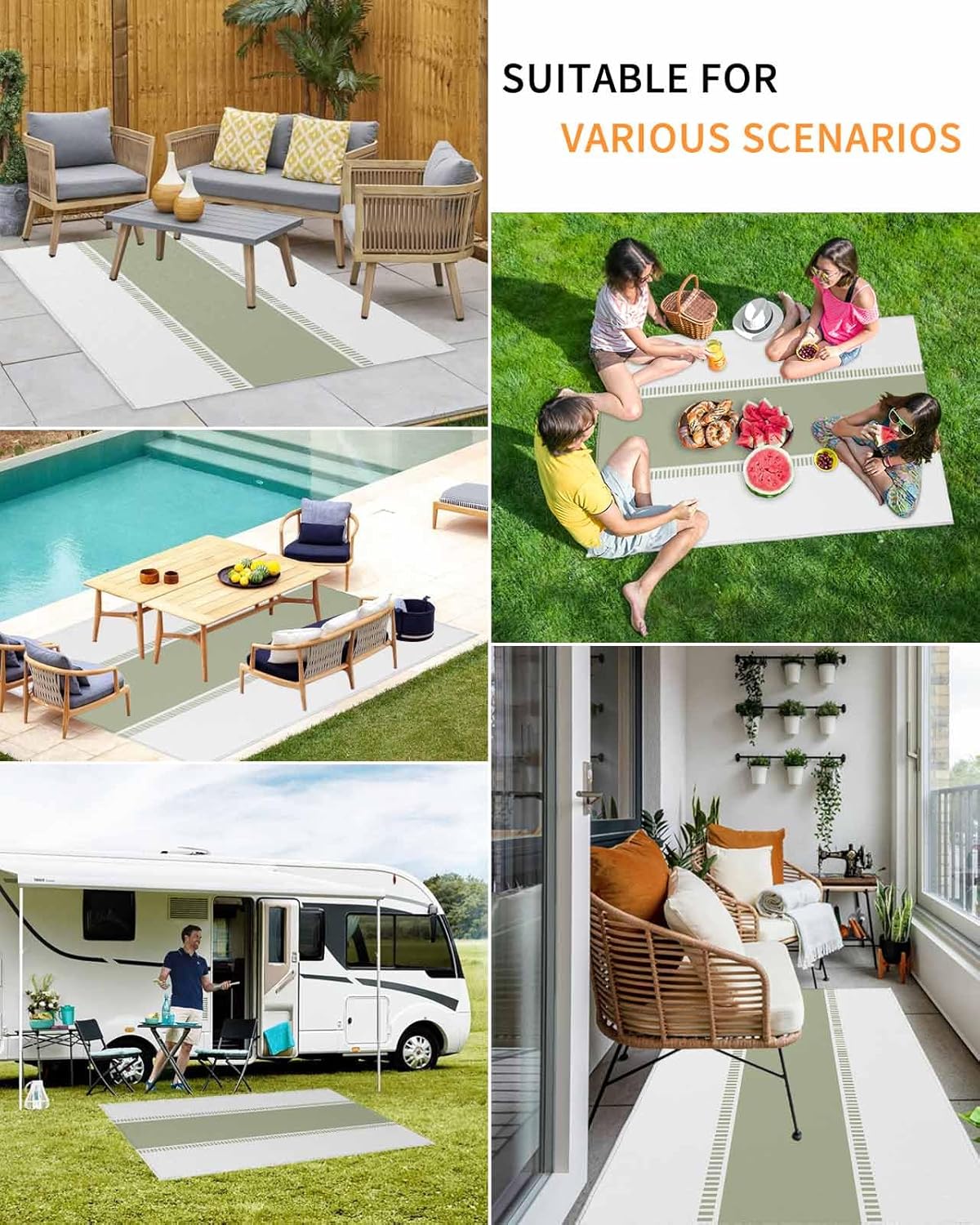 Outdoor Rug 4x6 ft Sage Green Outdoor Large Area Rug Non Slip Rubber Stripe Washable Front Door Mat RV Rug Camping Carpet Patio Outdoor Rugs for Backyard Balcony Deck Porch Indoor Outside