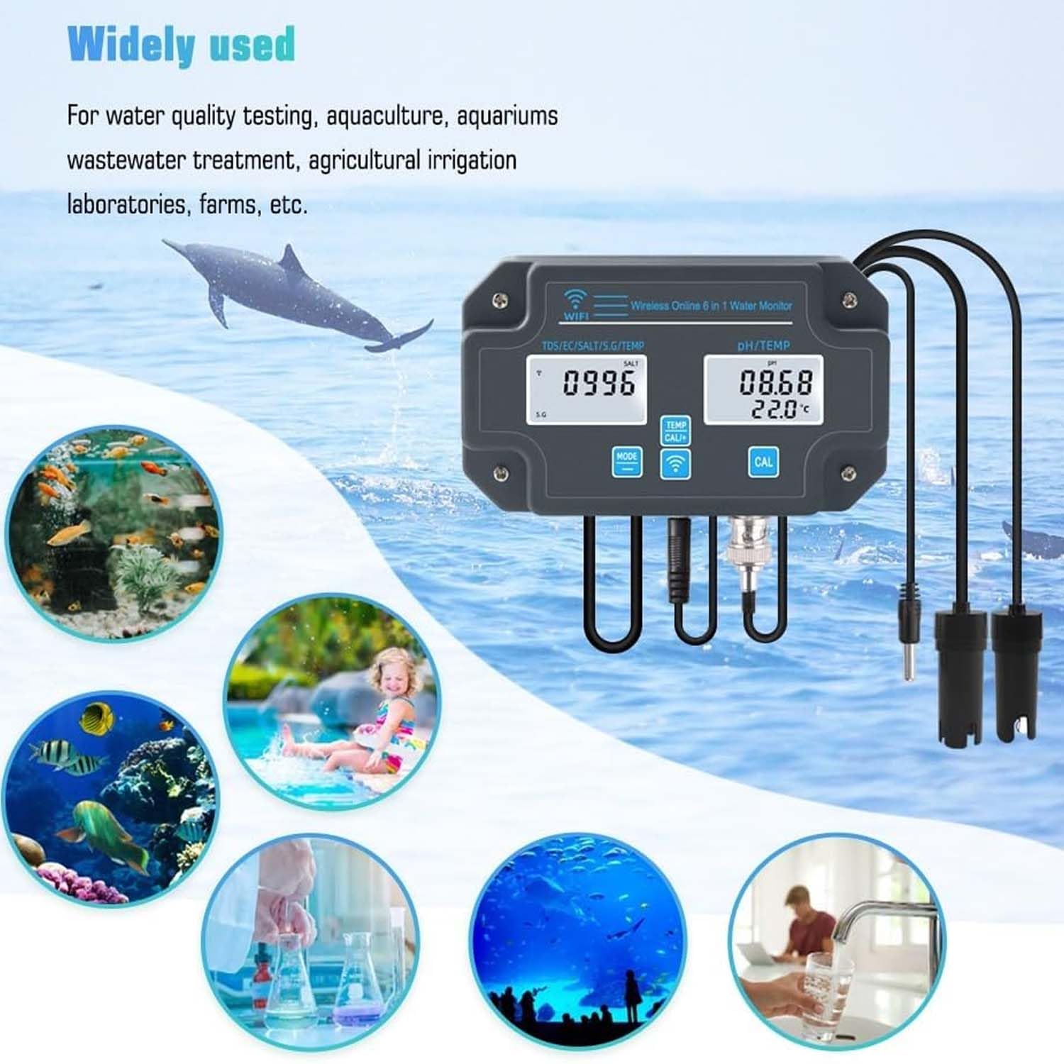 Tester jakości wody – pH 6 w 1, EC, TDS, zasolenie, SG, temperatura, łatwa kalibracja, 24 godziny monitorowania aplikacji online, idealny do akwariów i laboratoriów domowych