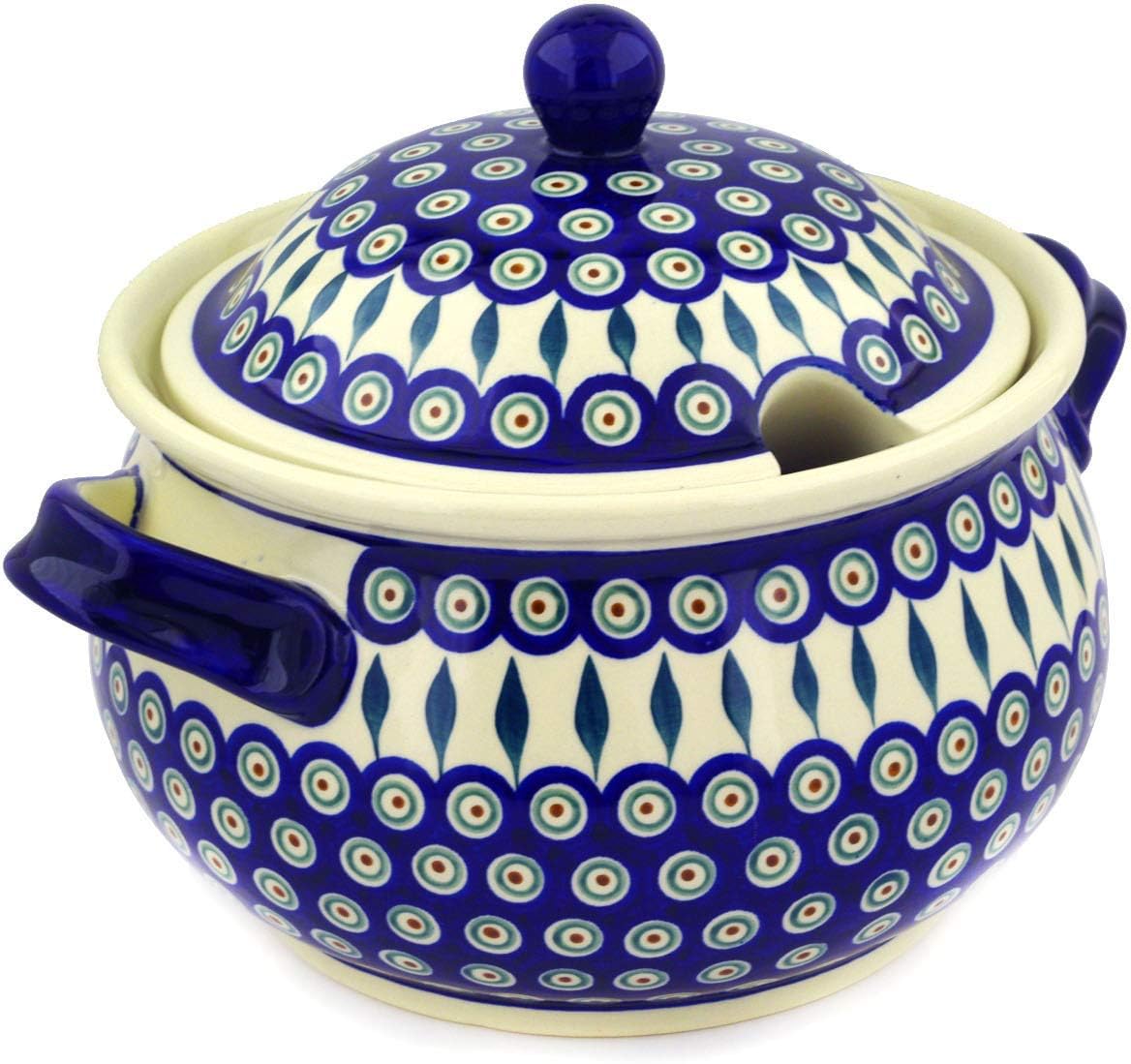 Polmedia Polish Pottery Tureen - Peacock Leaves Pattern Handmade in Boleslawiec Poland + Certificate of Authenticity