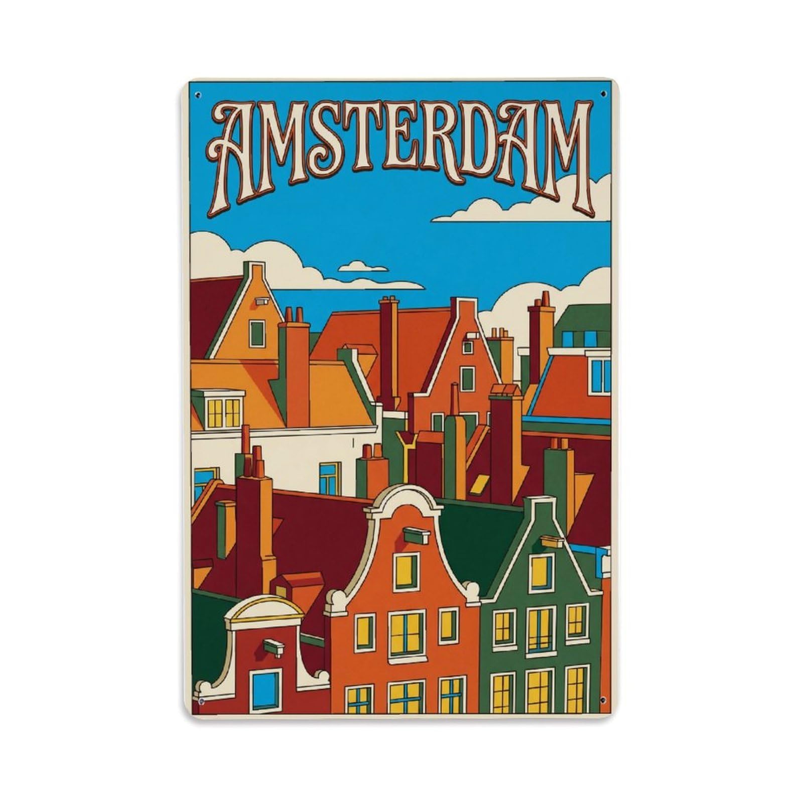 Vintage Travel Chimneys Netherlands Rooftop Metal Tin Sign Plaque Wall Decor for Cafe, Club Bar, Office, Home Garden Metal Poster 8x12Inch