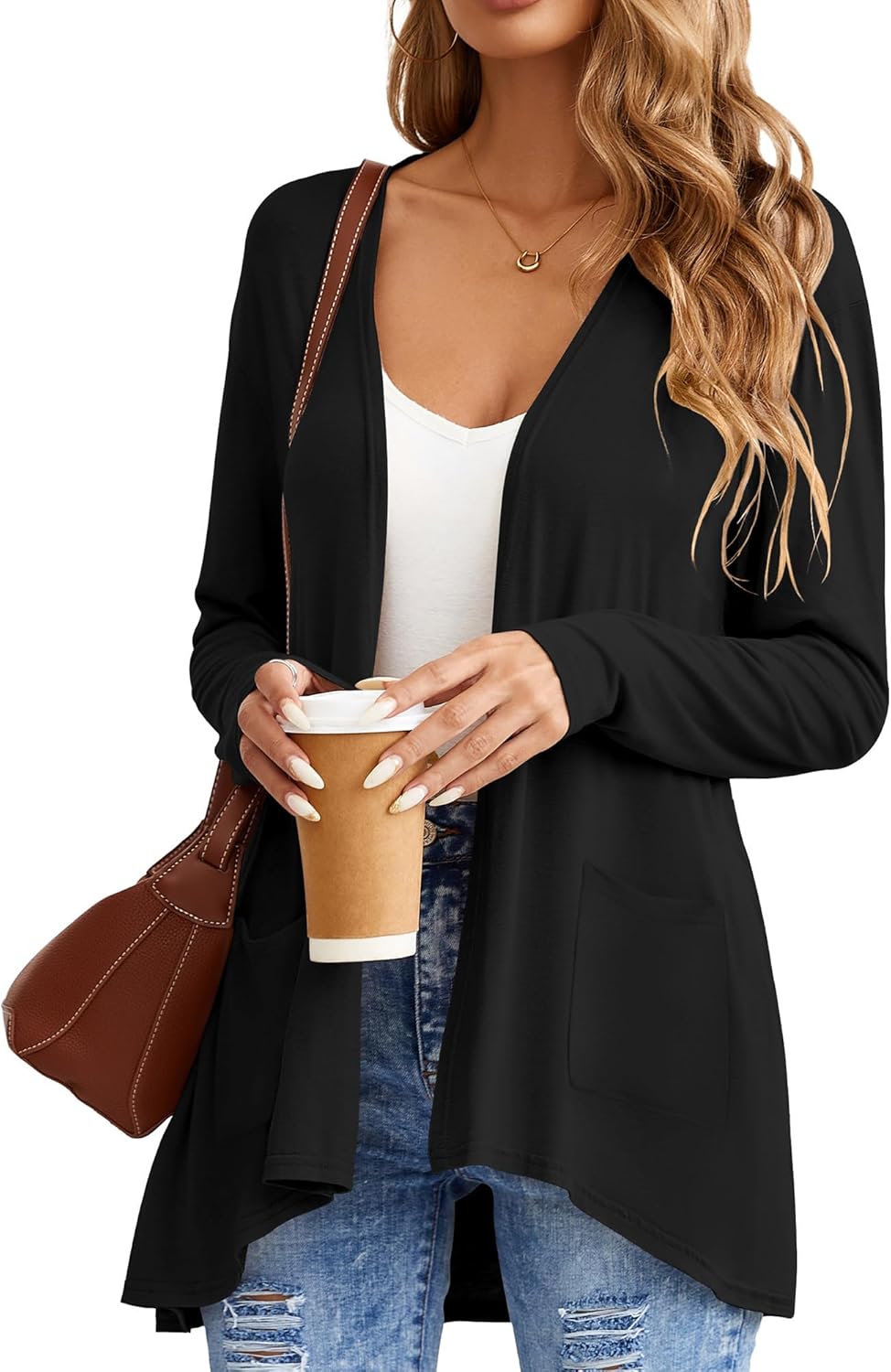 Womens Casual Lightweight Cardigan with Pocketes Long Sleeve Open Front Cover Ups for Layering Black XL - Image 2