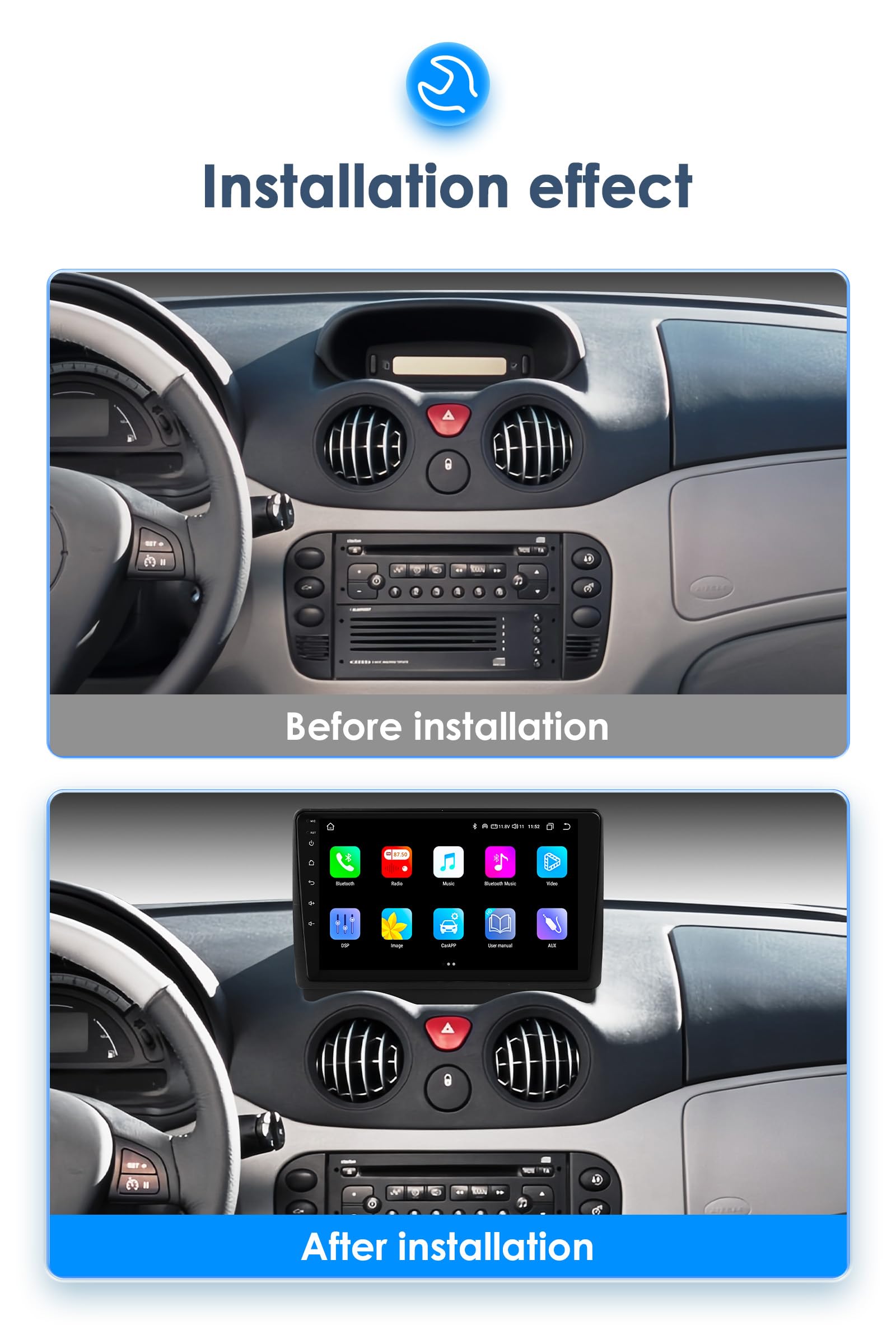 Ossuret Radio samochodowe do Citroën C2/C3 2002-2006, 9-calowy Android 13 ekran dotykowy 2 + 64 GB nawigacja GPS z funkcją Android Auto WiFi, Bluetooth, USB