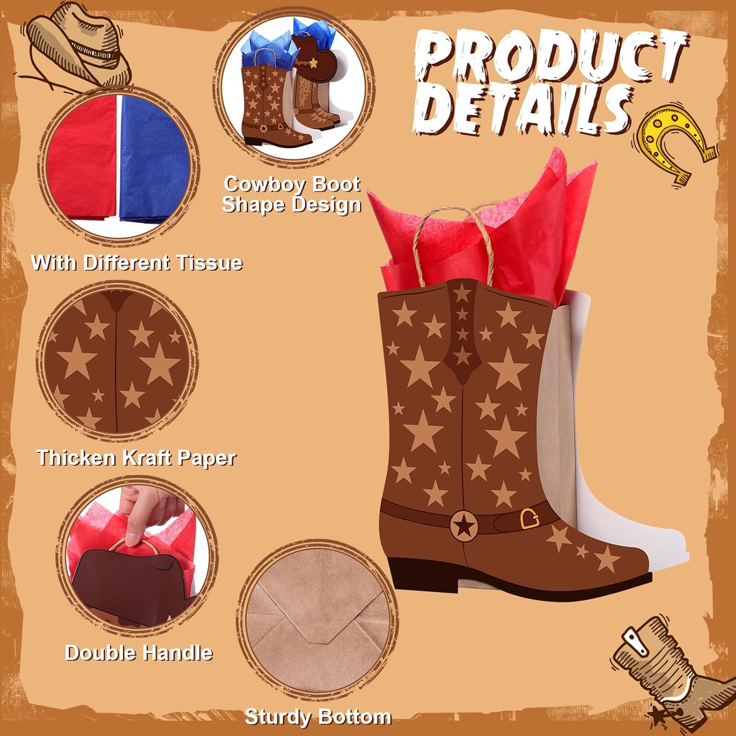 Mooliwe 24 Pcs Cowboy Cowgirl Boots Bags with Tissue Paper Western Theme Party Favors Wild West Girls Kraft Bags Bachelorettes Theme Last Rodeo Party Supplies Cowgirl Favors (Brown)