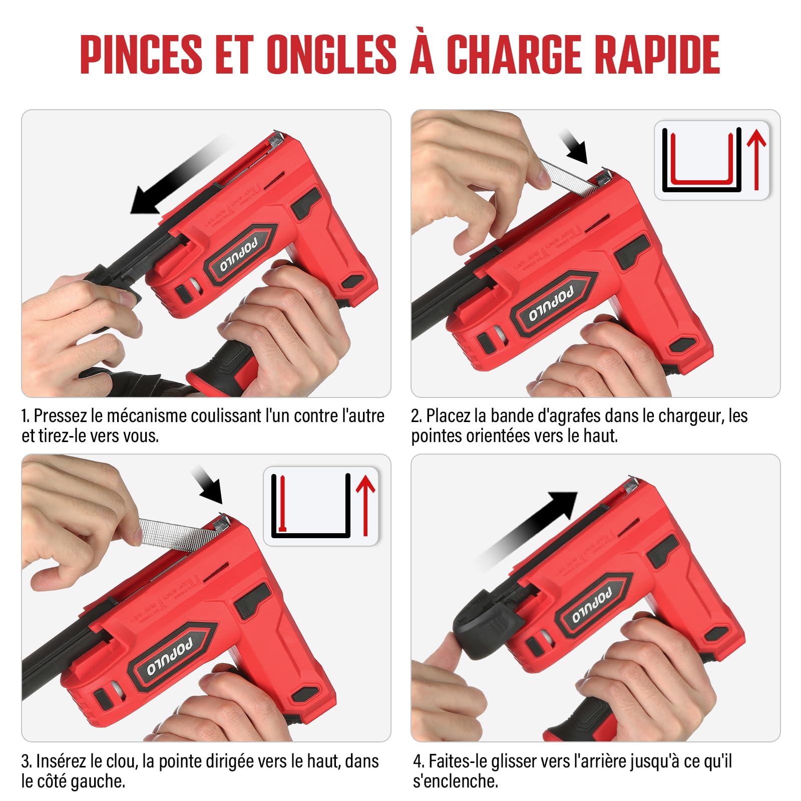 POPULO Agrafeuse électrique 2-en-1 sans fil 4 V lithium-ion avec charge USB-C – inclut arrache-clou, agrafes et clous pour tapisserie, réparation de meubles, moquette et bricolage maison