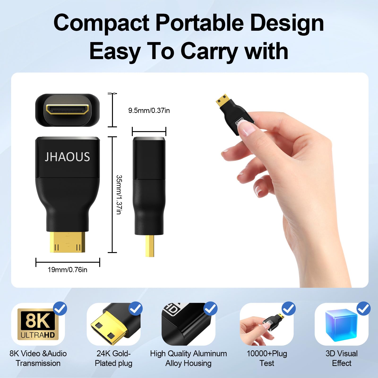 JHAOUS Adattatore da Mini HDMI a HDMI, 8K a 60Hz, 4K a 144Hz, 2K @ 240Hz femmina a mini HDMI maschio, compatibile con DSLR, videocamera, Raspberry Pi Zero W, laptop, tablet, HDTV, proiettore, monitor