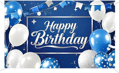 BlissYard Happy Birthday Sign Backdrop 71x43 for Photography Background Blue and White Balloon Party Backdrops Birthday Photo Studio Banner Background Decorations for Men Women