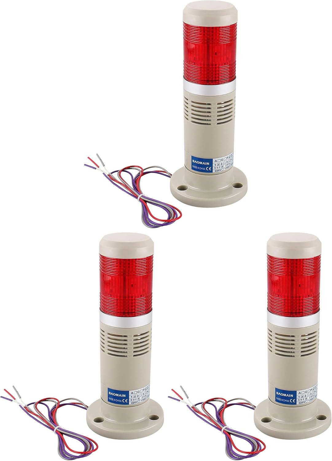 BAOMAIN 24V DC Industrial Continuous Signal Tower Light Buzzer, Red
