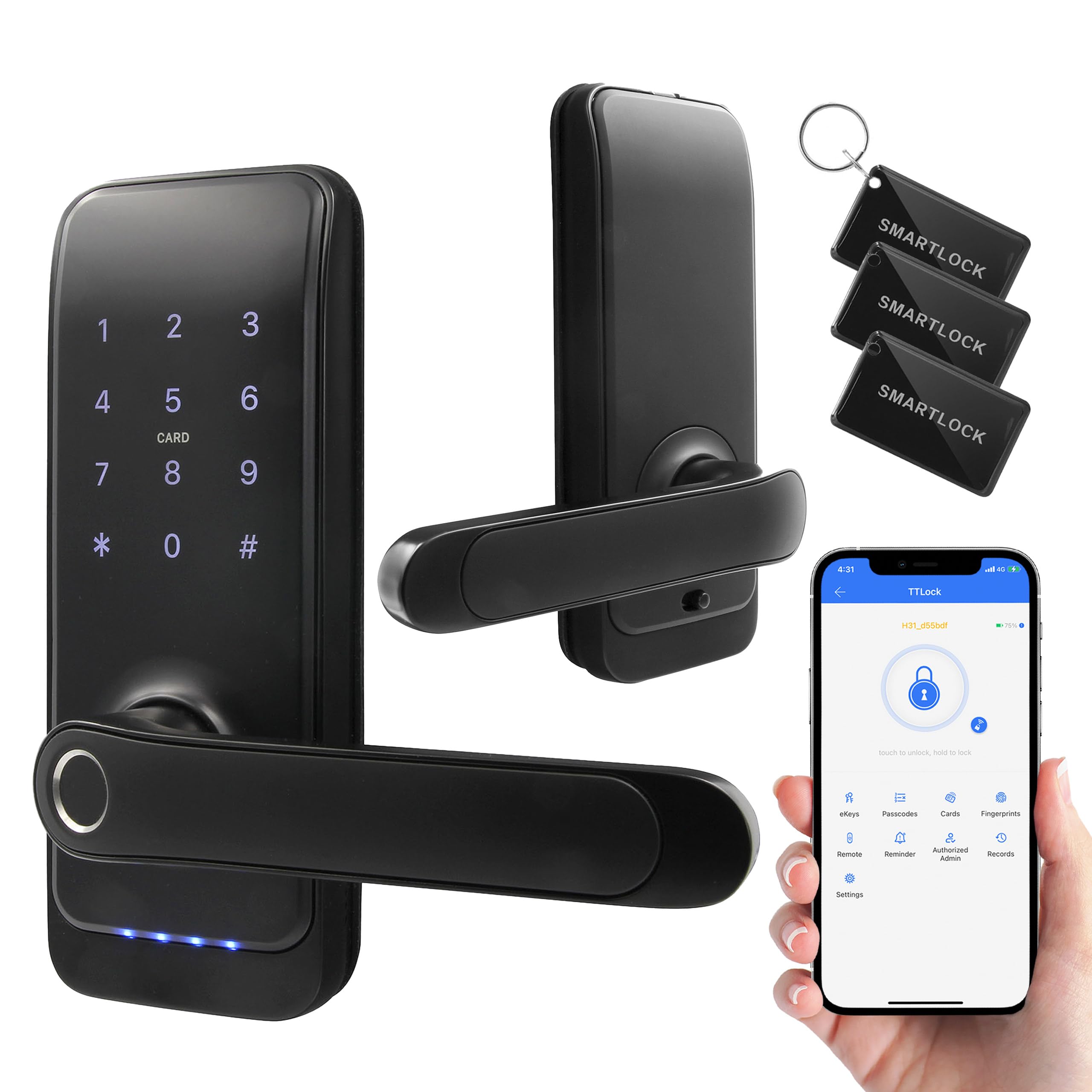 EURA ELH-01H4 Serrure de porte intelligente avec poignée, serrure à code, lecteur de proximité 13,56 MHz, lecteur biométrique, application TTLock/TTHotel, IP65, distance universelle des verrous, noir