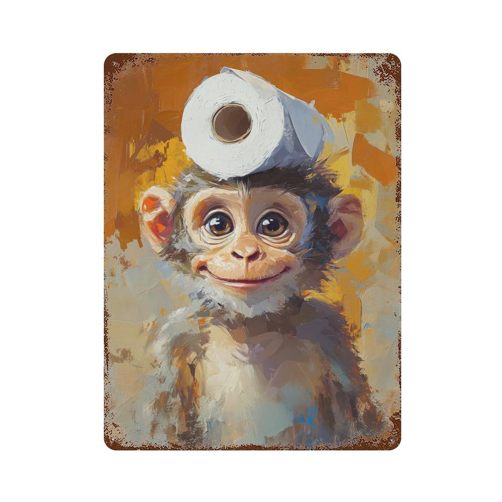 Monkey with Toilet Paper Hat Rust Effect Tin Sign 15.7"x11.8", Old School Wall Decor for Living Room, Hallway And Home Decor