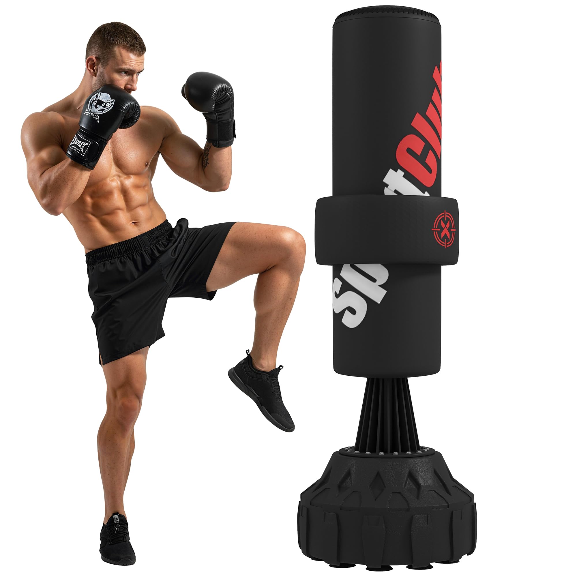 SPORTNOW 5.7ft Freestanding Punching Bag, Heavy Boxing Bag with Stand for Adults, Boxing Equipment with Height Adjustable Strike Pad, Hand Wrap, Suction Cup Base for Karate Taekwondo MMA Kickboxing