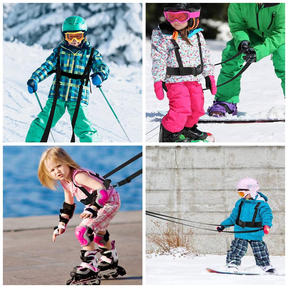 Imbracatura per Bambini da Sci e Snowboard, Imbracatura da Allenamento da Sci Regolabile, con Guinzaglio Rimovibile, per Bambini Ragazzi Ragazze Principianti, Nero