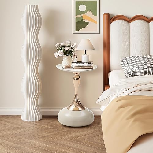 Miniatura 4 de Mesa auxiliar de pedestal blanca para espacios pequeños, mesas auxiliares redondas de metal únicas para sala de estar, mesa decorativa de esquina