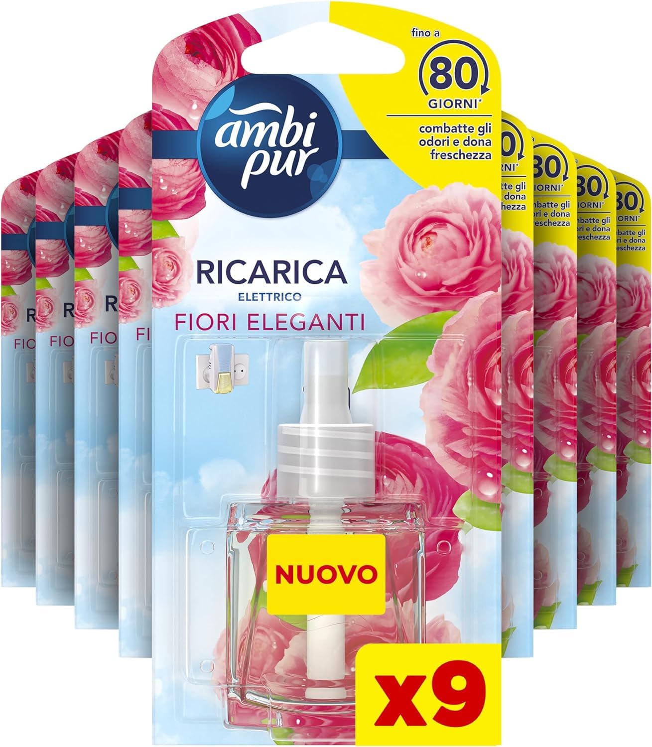 Ambi Pur Profumatore per Ambienti, 9 Ricariche per Diffusore Ambiente, Fragranza Fiori Eleganti, Deodorante Ambienti Elimina Odori, Fino a 80 Giorni di Profumo per Ricarica X9