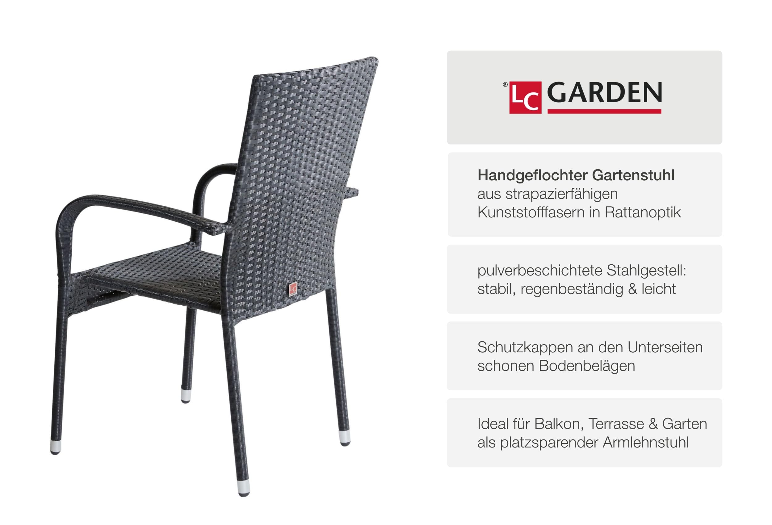 LC Garden Lübeck Stapelstuhl in schwarz, stapelbarer Gartenstuhl mit Flach-Rattangeflecht, Garten Armlehnstuhl mit mittelhoher Rückenlehne, Balkonstuhl mit pulverbeschichtetem Stahlgestell