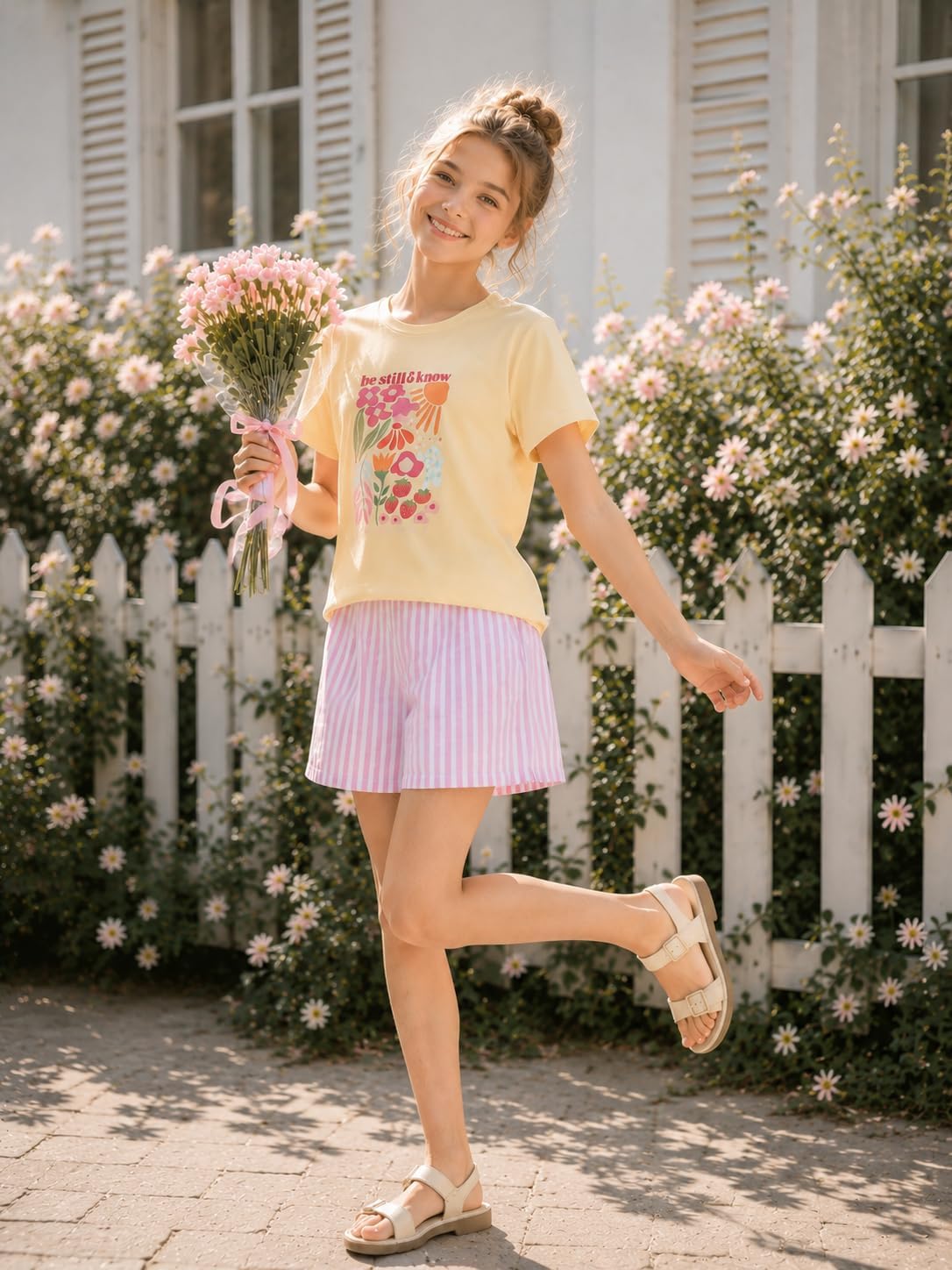 Teen Girls Clothes 2 Piece Graphic T Shirt & Striped Shorts Outfit Set Summer Back to School Clothes Size 7-14