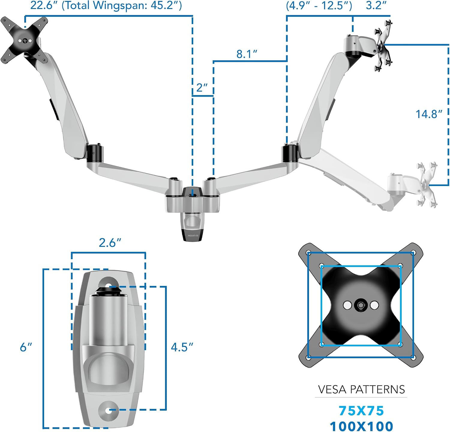 Mount-It! CLiX Dual Monitor Wall Mount Gas Spring Arms, TAA-Compliant Monitor Wall Mounts for 2 Monitors 13-32" up to 19.8 lbs Each, VESA 75 100, Effortless Height Adjustable, Premium Aluminum, Silver