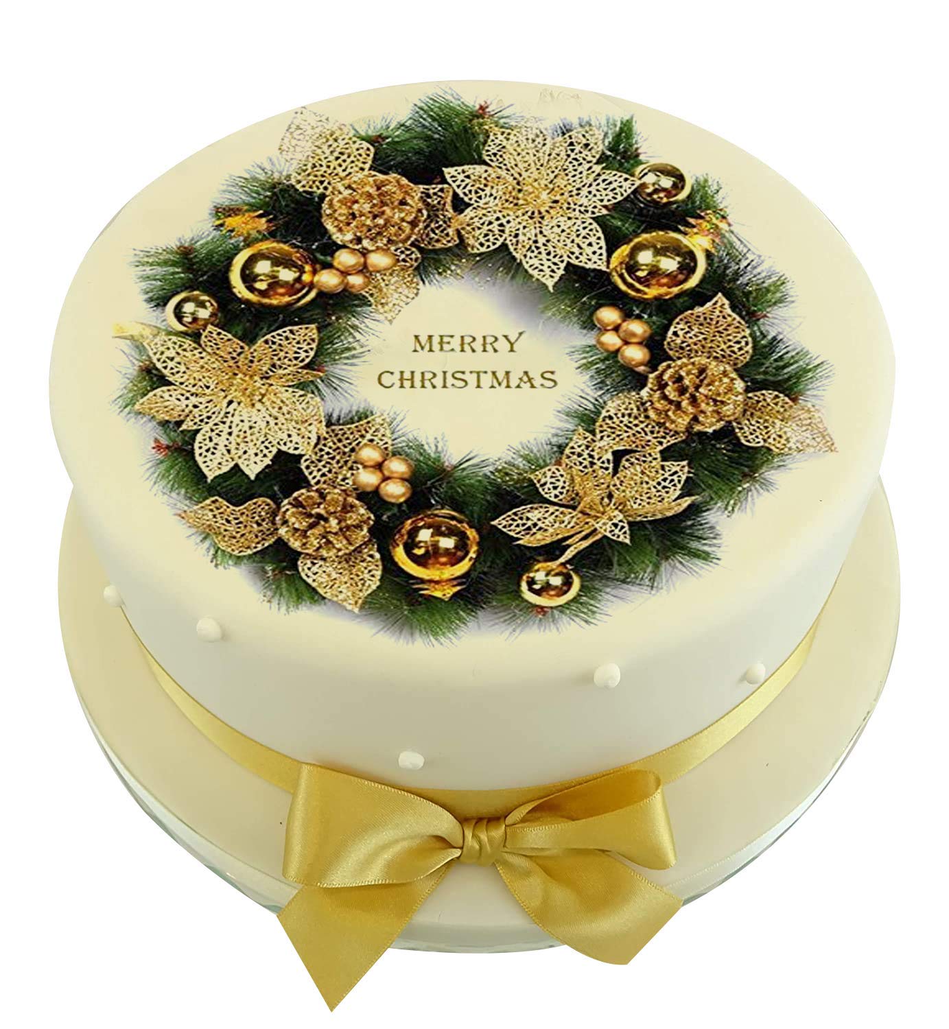 Edible Icing Gold Poinsettia Christmas Wreath Round 7.5" Cake Topper Decoration Idea