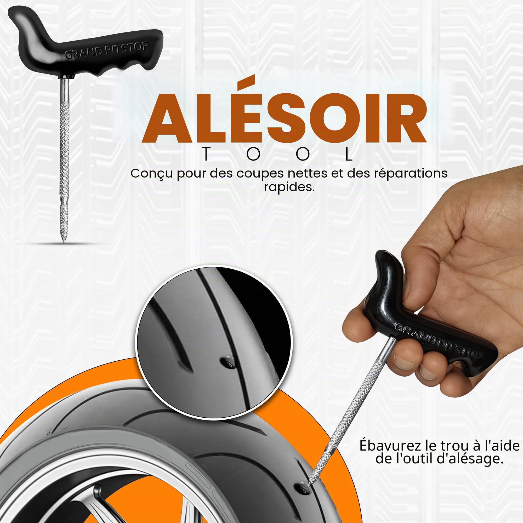 GRAND PITSTOP Kit de réparation de crevaison de pneu sans chambre à air avec bouchon champignon pour crevaisons de pneus et crevaisons sur voitures, motos, VTT, camions et tracteurs (kit de crevaison