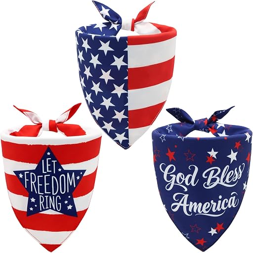 American Flag Dog Bandanas 3 Pack Large, 4th of July Patriotic Pet Scarf for Independence Day Memorial Day, Red White Blue Holiday Outfit for Medium to Large Dogs