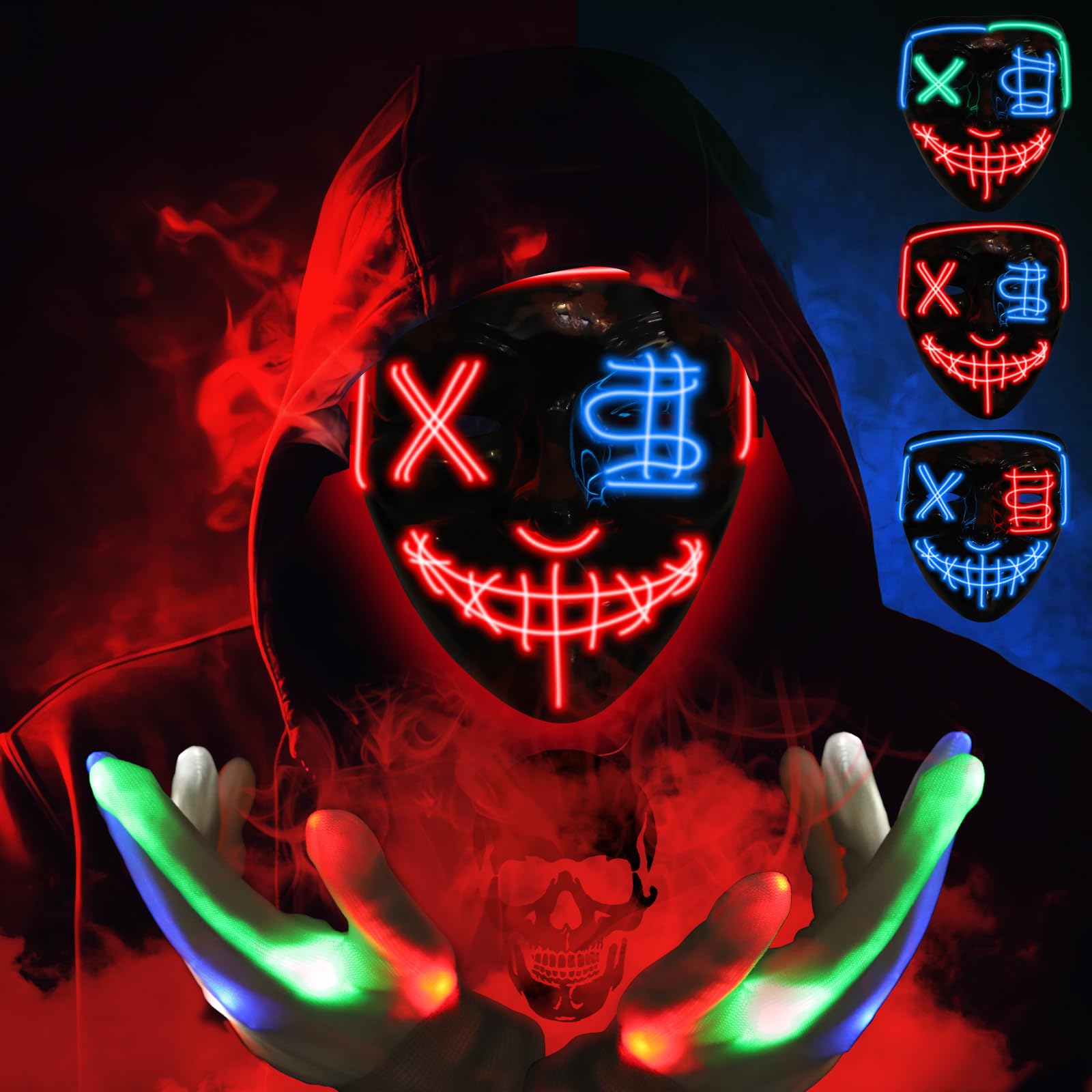 avessi Upgraded Halloween Mask Led Mask and Skeleton Gloves, 3 Modes Purge Mask 6 Modes LED Glow Gloves, Scream Mask, Halloween Costumes Scary Mask for Boys Girls Kids Adult Halloween Gifts