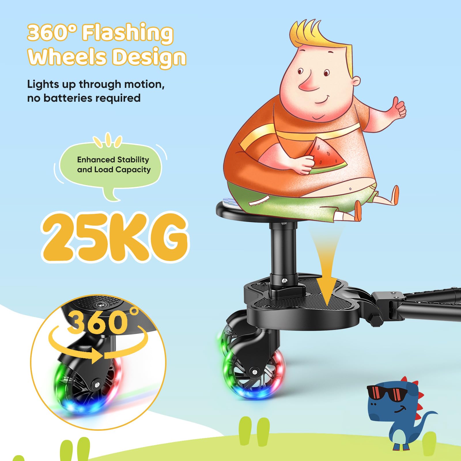 Deska spacerowa z siedziskiem, podnóżek do wózka dziecięcego, uniwersalna z kółkami LED, akcesoria dla dzieci od 2-6 lat (25 kg), akcesoria do wózków dziecięcych, podnóżek dla ponad 99%