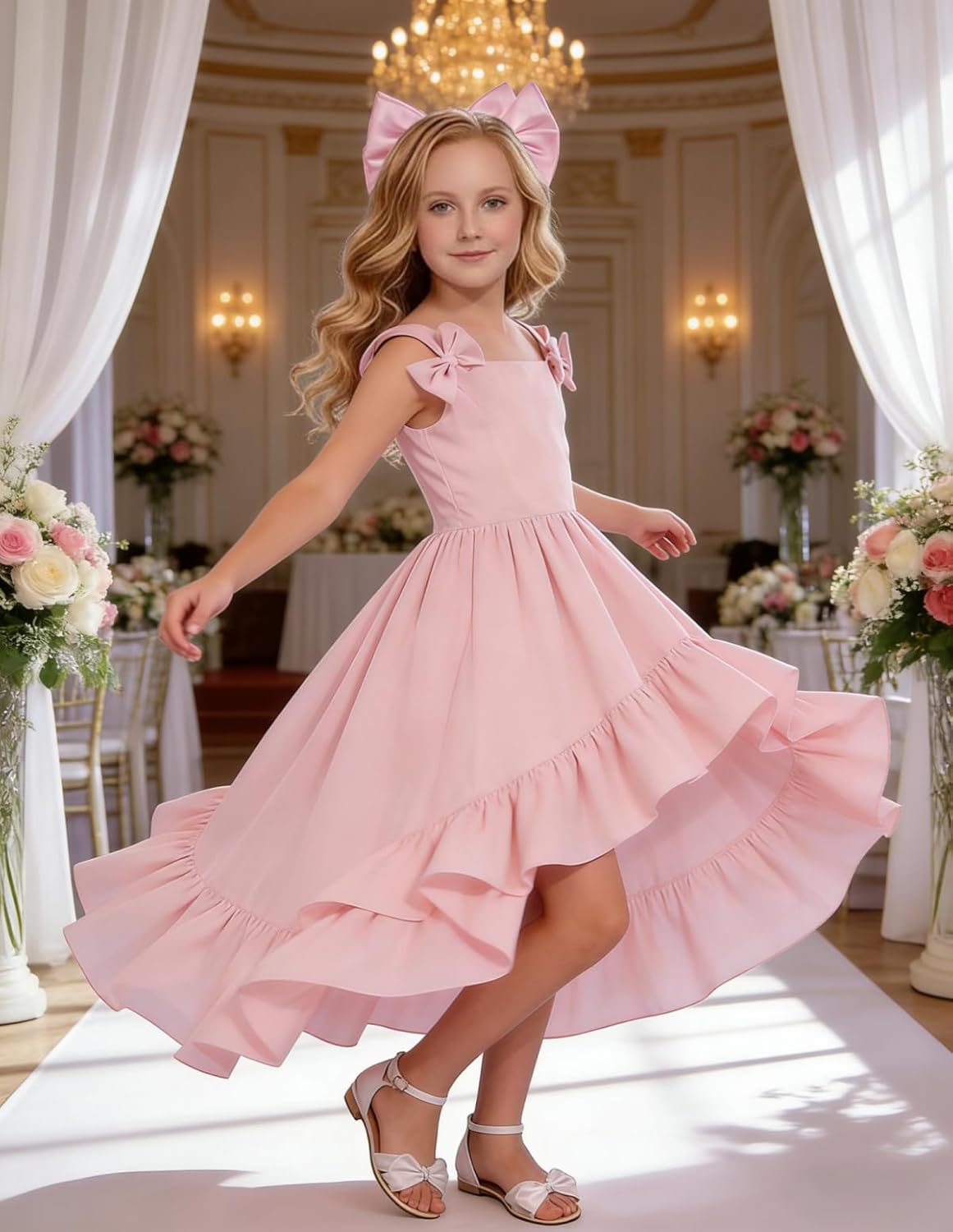 dideyttawl High-Low Chiffon Junior Bridesmaid Dresses for Girls Short A-Line Bow Straps Flower Girls Dress 2636