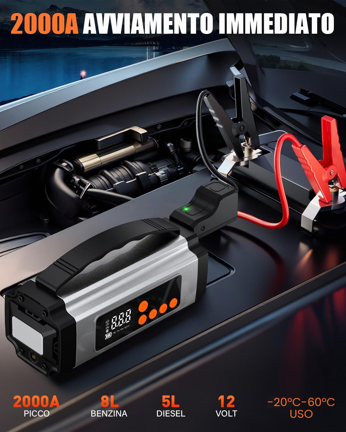 Onherm 7-in-1 Booster Avviatore Auto con Compressore 150PSI, 2000A Avviatore Batteria Auto/Moto per 12V 8L Benzina e 5L Diesel, Avviatore Emergenza con Torcia, Jump Starter con USB-C e Display LCD
