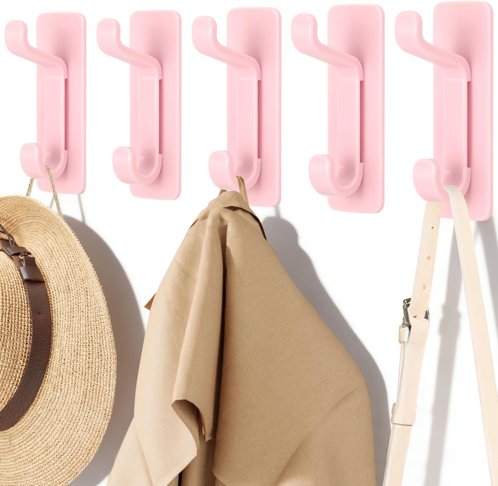 KOMCLUB Coat Rack Wall Mount Hooks 5 Pack Pink ABS Wall Hooks for Modern Kids Room, Entryway & Bathroom Hanger