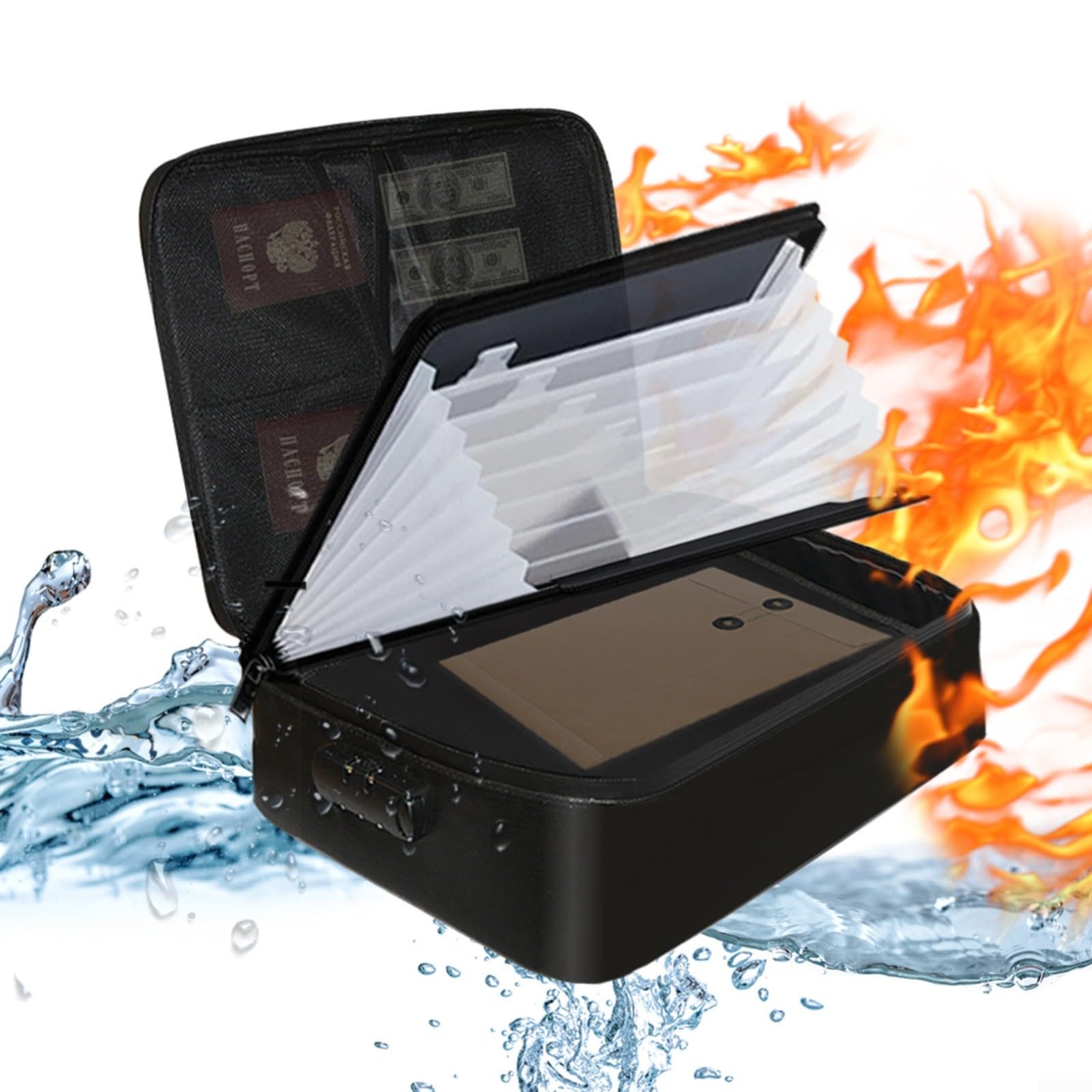 Scatola portadocumenti ignifuga con serratura a 3 cifre, borsa organizer per documenti di grande capacità, con 7 tasche per carte di passaporto, USB, custodia sicura portatile per casa