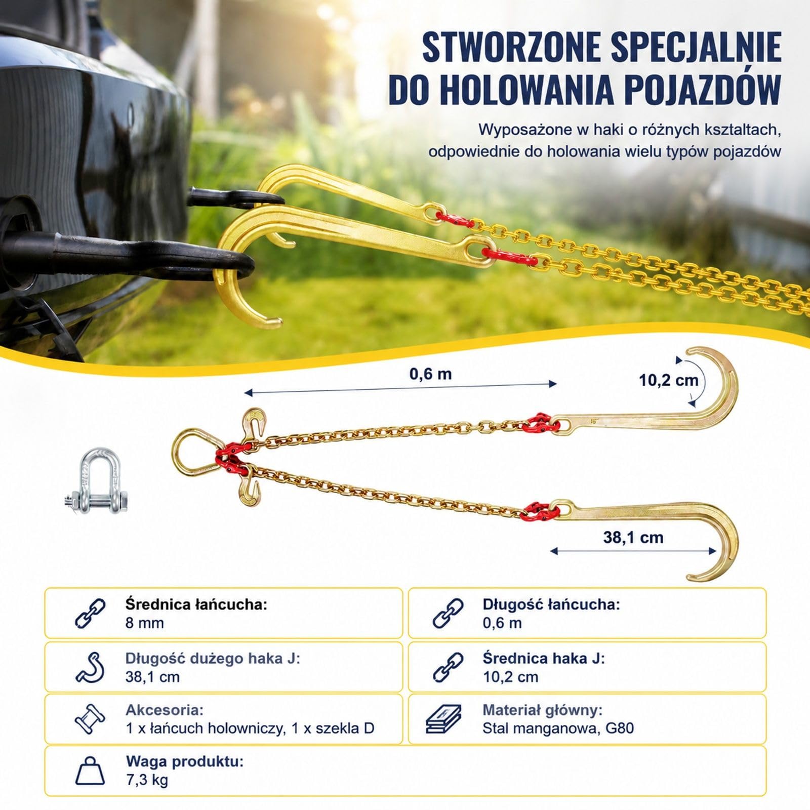 Łańcuch holowniczy z hakami J, układ V do transportu pojazdów