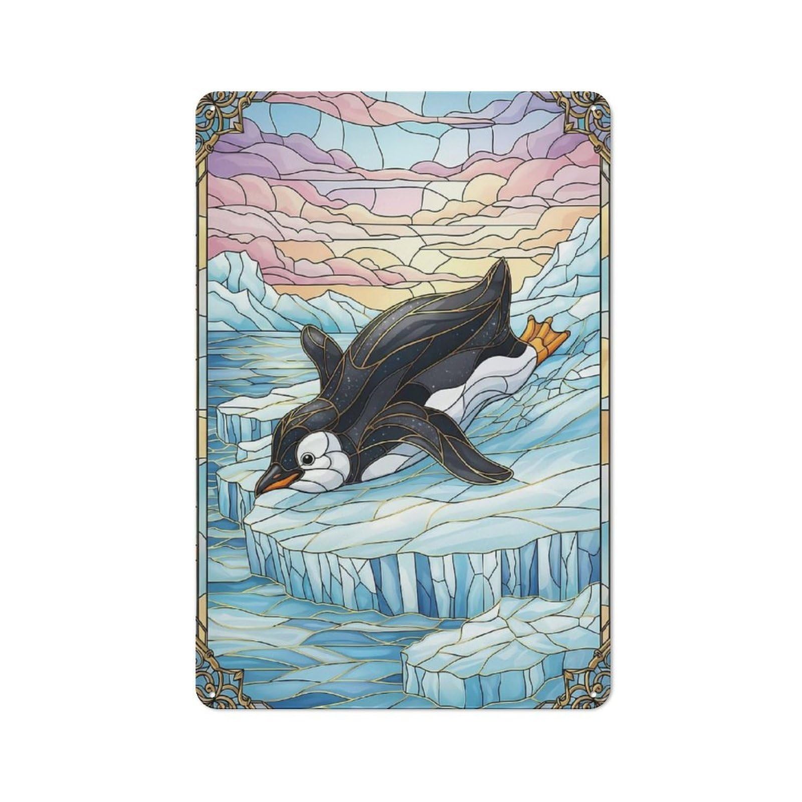 Junmoney Style-24 Tin Wall Plaque 30X20cm With Stained Glass Penguin On Ice For Hobby Room Or Studio, For Themed Interiors In Hobby Rooms And Studios