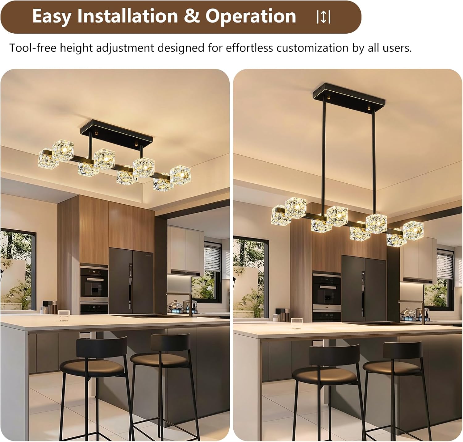 Modern Black Crystal Chandelier, 8-Light Cube K9 Crystal Pendant Light with Adjustable Height, Farmhouse Dining Room Hanging Light for Kitchen Island, Living Room，Bedroom,Over Table