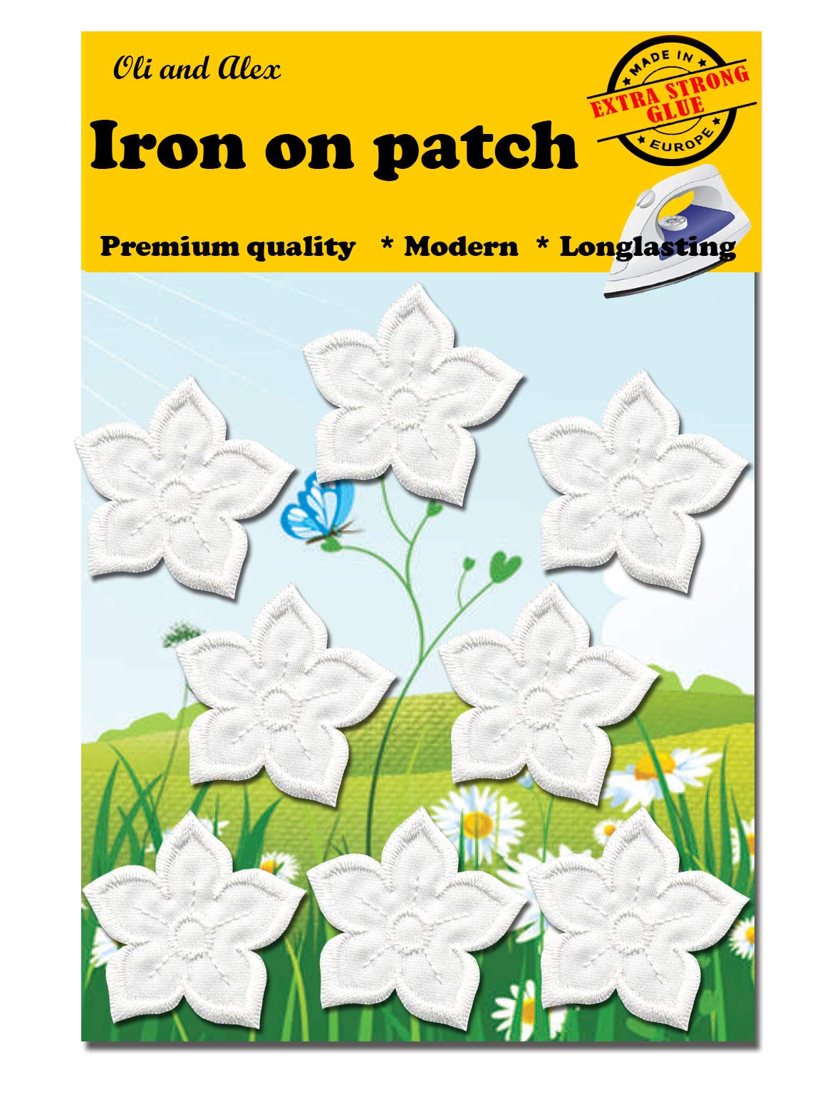 Iron On Patches -Extra Strong Glue White Flower Patch 8 pcs Iron On Patch Embroidered Applique A-200