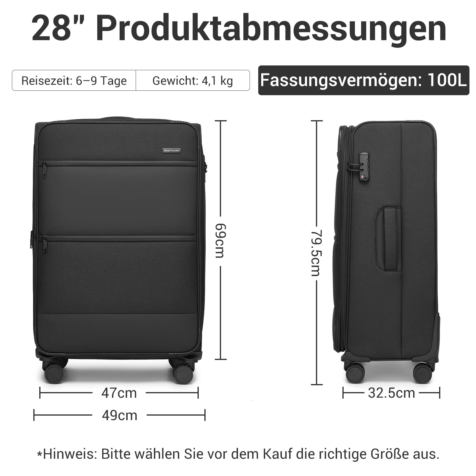British Traveller Erweiterbarer Koffer groß Stoffkoffer TSA Schloss | 100L Stoff Reisekoffer mit Volumenerweiterung, leichter Weichgepäckkoffer mit leisen 360° Rollen, ideal für Familienurlaub