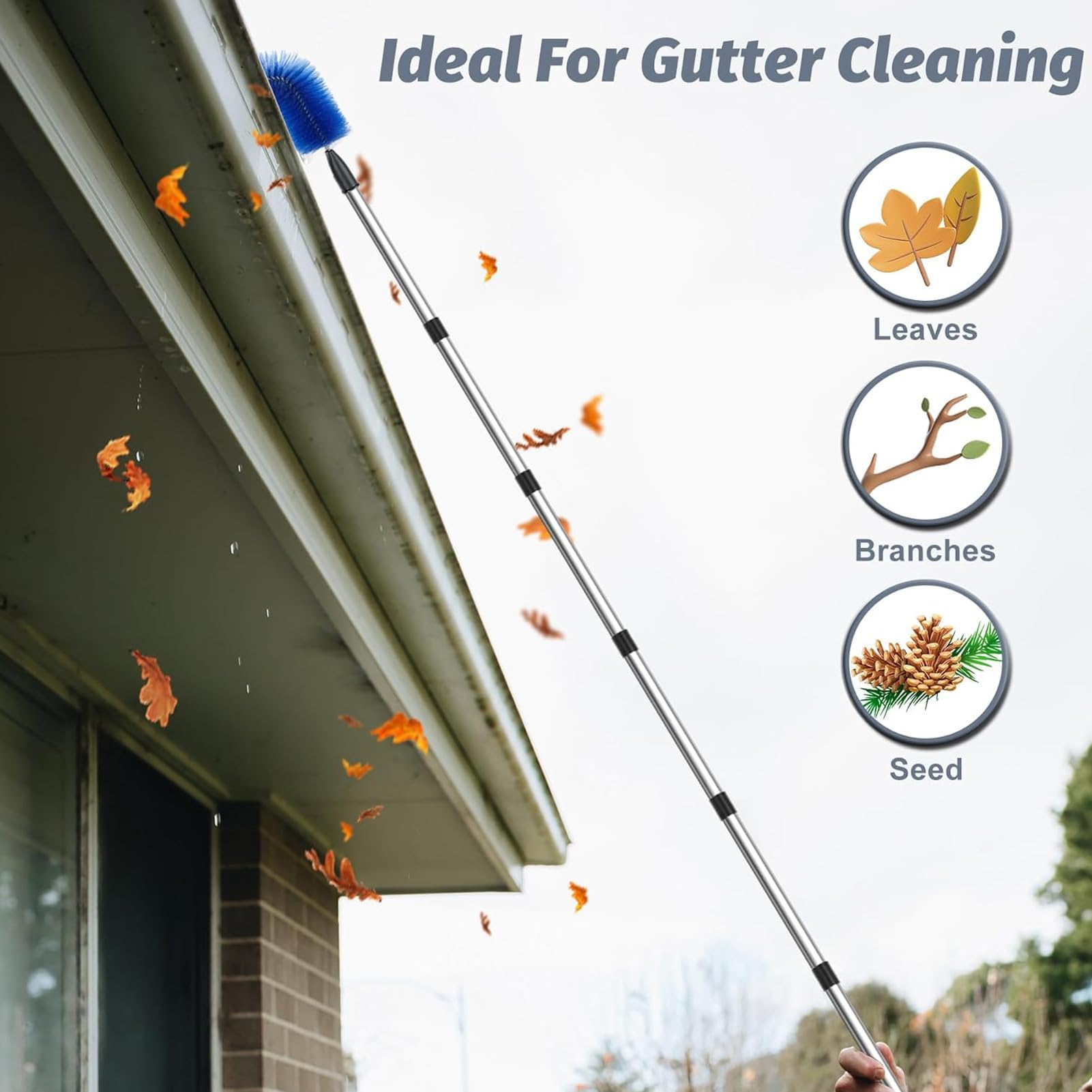 AOKID Cepillo De Limpieza De Canalones Con Poste De Extensión Telescópico Para Limpiar Hojas Caídas Y Polvo En El Techo De Casas Familiares, Cabeza De Resina Plateada, Metal, Plástico, Material De